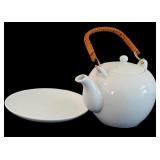 Lovely White Ceramic Tea Pot with Woven Rattan Hande Including Mugs and Saucers