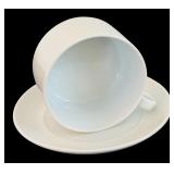 Lovely White Ceramic Tea Pot with Woven Rattan Hande Including Mugs and Saucers