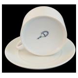 Lovely White Ceramic Tea Pot with Woven Rattan Hande Including Mugs and Saucers