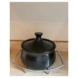 Vintage Clay Casserole Pot with Holder