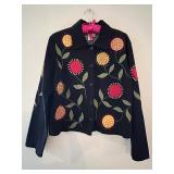 Coldwater Creek Black Button-Up Jacket with Stitched Floral Accents