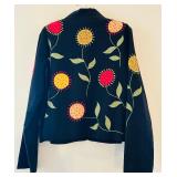 Coldwater Creek Black Button-Up Jacket with Stitched Floral Accents