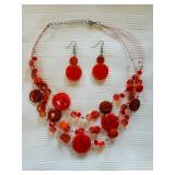 Bright and Beautiful Red / Orange Beaded Necklace and Earring Set
