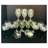 Beautiful Wine Glasses with Green Stems and Holly Designs