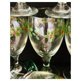 Beautiful Wine Glasses with Green Stems and Holly Designs