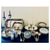 Collection of Silverplated Serving Pieces, Flatware, and Candle Holders