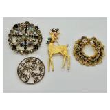 Set of 4 Vintage Holiday and Floral Costume Brooches