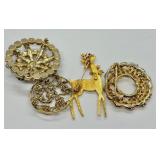 Set of 4 Vintage Holiday and Floral Costume Brooches