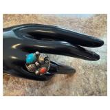 Set of 2 Vintage Sterling Silver Rings with Turquoise and Coral, Size 7