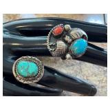 Set of 2 Vintage Sterling Silver Rings with Turquoise and Coral, Size 7