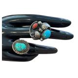 Set of 2 Vintage Sterling Silver Rings with Turquoise and Coral, Size 7