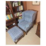 Handsome Blue & White Upholstered Wingback Chair & Ottoman