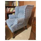 Handsome Blue & White Upholstered Wingback Chair & Ottoman