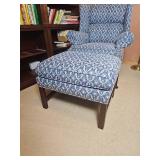 Handsome Blue & White Upholstered Wingback Chair & Ottoman