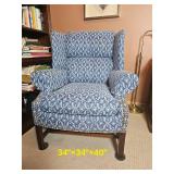 Handsome Blue & White Upholstered Wingback Chair & Ottoman