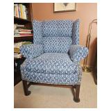 Handsome Blue & White Upholstered Wingback Chair & Ottoman