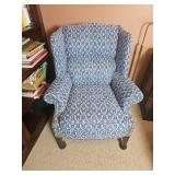 Handsome Blue & White Upholstered Wingback Chair & Ottoman