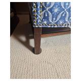 Handsome Blue & White Upholstered Wingback Chair & Ottoman