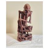 Skeletal Sitting Man Wood Sculpture Carving