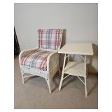 Vintage White Wicker 2 Piece Collection: Arm Chair * Square Side Table