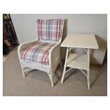 Vintage White Wicker 2 Piece Collection: Arm Chair * Square Side Table