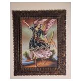 Brilliant Peruvian Cuzco School Fine Art Painting - Archangel Uriel - Handcarved Reclaimed Wood Frame