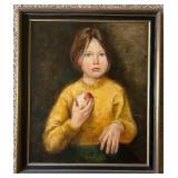 Framed Geraldine Arnold Portrait Oil Painting of Child with Apple Framed Geraldine Arnold Portrait Oil Painting of Child with Apple