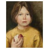 Framed Geraldine Arnold Portrait Oil Painting of Child with Apple Framed Geraldine Arnold Portrait Oil Painting of Child with Apple