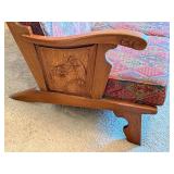 Vintage Wood Settee / Sofa with Hand-Carved Panels and Patterned Cushions Vintage Wood Settee / Sofa with Hand-Carved Panels and Patterned Cushions