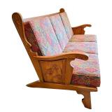 Vintage Wood Settee / Sofa with Hand-Carved Panels and Patterned Cushions Vintage Wood Settee / Sofa with Hand-Carved Panels and Patterned Cushions