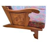 Vintage Wood Settee / Sofa with Hand-Carved Panels and Patterned Cushions Vintage Wood Settee / Sofa with Hand-Carved Panels and Patterned Cushions