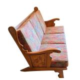 Vintage Wood Settee / Sofa with Hand-Carved Panels and Patterned Cushions Vintage Wood Settee / Sofa with Hand-Carved Panels and Patterned Cushions