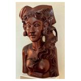 10-Inch Solid Wood Carved Bust of Woman with Floral Hairpiece 10-Inch Solid Wood Carved Bust of Woman with Floral Hairpiece