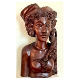 10-Inch Solid Wood Carved Bust of Woman with Floral Hairpiece 10-Inch Solid Wood Carved Bust of Woman with Floral Hairpiece