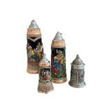 Set of 4 German Beer Steins with Pewter Lids, One with Musical Feature Set of 4 German Beer Steins with Pewter Lids, One with Musical Feature