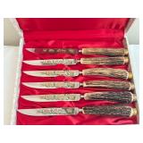 Anton Wingen Jr. Solingen Germany Rostfrei Stag Handle Steak Knife Set in Case Anton Wingen Jr. Solingen Germany Rostfrei Stag Handle Steak Knife Set in Case
