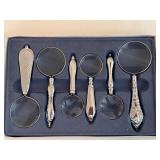 Vintage Brass Magnifying Glass and Set of 5 Decorative Mini Magnifiers Vintage Brass Magnifying Glass and Set of 5 Decorative Mini Magnifiers