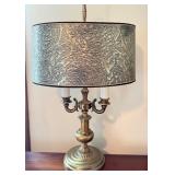 Vintage Brass Table Lamp with Ornate Base and Textured Drum Shade Vintage Brass Table Lamp with Ornate Base and Textured Drum Shade