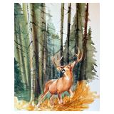 Original Geri Arnold Watercolor of Deer in Forest, Unframed Art on Board Original Geri Arnold Watercolor of Deer in Forest, Unframed Art on Board