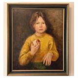 Framed Geraldine Arnold Portrait Oil Painting of Child with Apple Framed Geraldine Arnold Portrait Oil Painting of Child with Apple