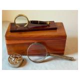 Vintage Lane Cedar Dresser Box with 2 Magnifying Glasses and Ornate Silver Lid Vintage Lane Cedar Dresser Box with 2 Magnifying Glasses and Ornate Silver Lid