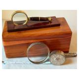Vintage Lane Cedar Dresser Box with 2 Magnifying Glasses and Ornate Silver Lid Vintage Lane Cedar Dresser Box with 2 Magnifying Glasses and Ornate Silver Lid