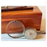 Vintage Lane Cedar Dresser Box with 2 Magnifying Glasses and Ornate Silver Lid Vintage Lane Cedar Dresser Box with 2 Magnifying Glasses and Ornate Silver Lid