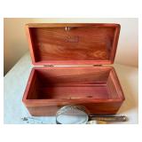Vintage Lane Cedar Dresser Box with 2 Magnifying Glasses and Ornate Silver Lid Vintage Lane Cedar Dresser Box with 2 Magnifying Glasses and Ornate Silver Lid