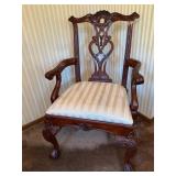 Carved Mahogany Armchair with Striped Upholstered Seat Carved Mahogany Armchair with Striped Upholstered Seat