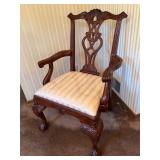 Carved Mahogany Armchair with Striped Upholstered Seat Carved Mahogany Armchair with Striped Upholstered Seat