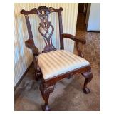 Carved Mahogany Armchair with Striped Upholstered Seat Carved Mahogany Armchair with Striped Upholstered Seat
