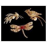 Set of 3 Rhinestone Brooches - Dragonfly, Bird, and Micro Set Zircon with Faux Pearls Set of 3 Rhinestone Brooches - Dragonfly, Bird, and Micro Set Zircon with Faux Pearls