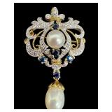 14K Gold Brooch with Diamond, Sapphire and Pearl Accents 14K Gold Brooch with Diamond, Sapphire and Pearl Accents