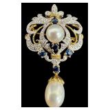 14K Gold Brooch with Diamond, Sapphire and Pearl Accents 14K Gold Brooch with Diamond, Sapphire and Pearl Accents